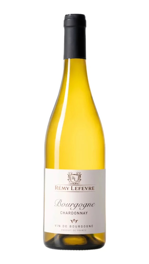 Bouteille de Bourgogne Chardonnay, vin blanc, Remy Lefevre, arborant un blason aux détails dorés.