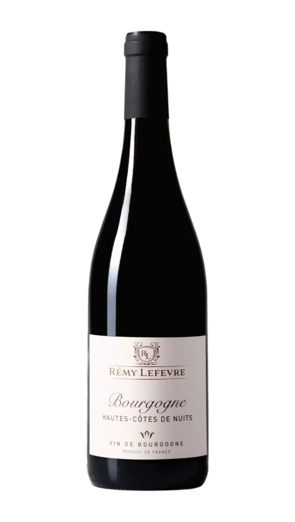 Bouteille d'exception de Bourgogne Hautes-Côtes-de-Nuit, vin rouge, vin de Bourgogne, Remy Lefevre, arborant un blason aux détails dorés.