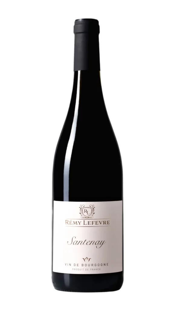 Bouteille d'exception de Santenay, vin rouge, vin de Bourgogne, Remy Lefevre, arborant un blason aux détails dorés.