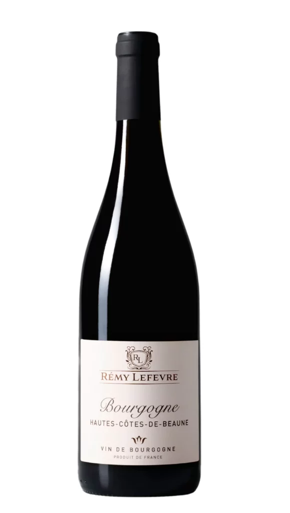 Bouteille d'exception de Bourgogne Hautes-Côtes-de-Beaune, vin rouge, vin de Bourgogne, Remy Lefevre, arborant un blason aux détails dorés.