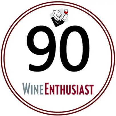 Macaron de notation blanc '90 WineEnthousiast' certifiant l'excellence de la cuvée.